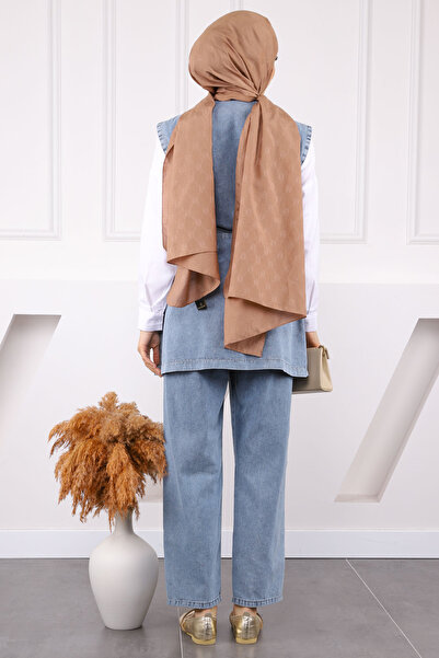 İmajButik Κοστούμι παντελόνι με τζιν γιλέκο με λεπτομέρειες μπλε μαργαριτάρι