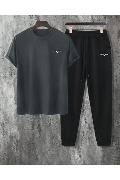 MODARİCH تي شيرت بشعار الطيور بنطال رياضي Jogger - تي شيرت من القطن الممشط مطبوع باللون الأسود المدخن طقم بدلة رياضية