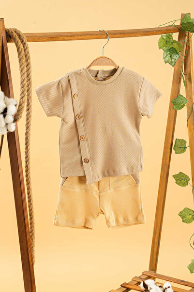 bombe Kız Erkek Bebek Çocuk Camel 2'li Takım Bisiklet Yaka Şortlu Pamuklu Rahat Trend Moda Alt Üst Takım