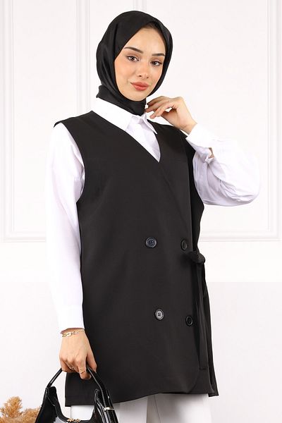 İmajButik Black Side Tie Buttoned Crepe Vest