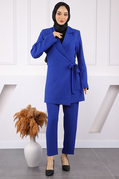 İmajButik Saks Blue Side Δεμένο κρεπ μπουφάν και παντελόνι