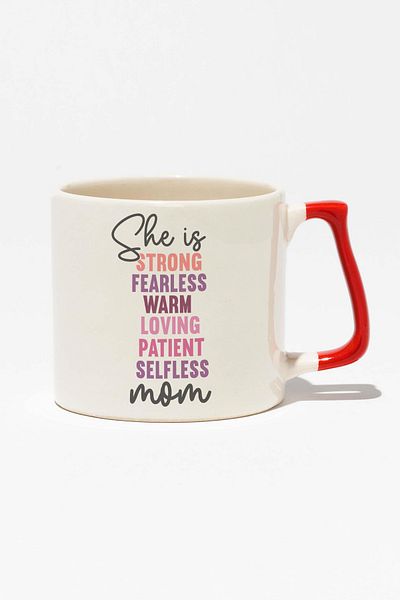qoeuyl boutique She Is Strong Fearless Mom No:2 Printed Mother's Day Gift Modern Ceramic Mug with Red Handle
