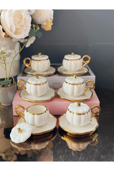 hinezahome White Pumpkin Cup Set for 6 People with 18 Pieces with Lid