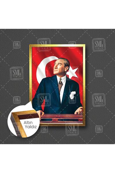 SML TABLO Mustafa Kemal Atatürk Arkasında Bayrak Makam Odası Dekor Çerçeveli ...
