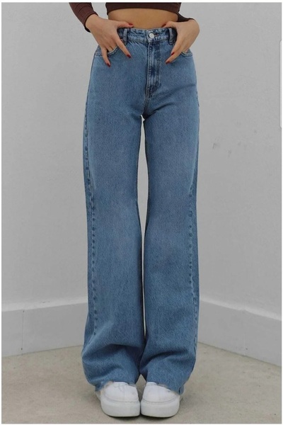 SANTA BELLA Mavi Kar Yıkama Likralı Extra Yüksek Bel Palazzo Salaş Jean Pantolon