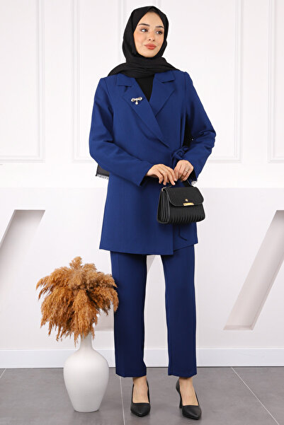 İmajButik Navy Blue Side Tie Crepe Jacket Pants Suit