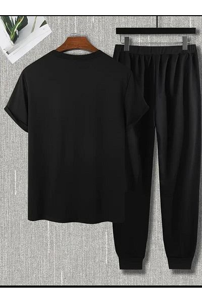 MODARİCH Hng تي شيرت Sweatpants Jogger - أسود مطبوع من القطن الممشط تي شيرت Sweatpants مجموعة مجمعة