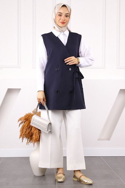 İmajButik Navy Blue Side Tie Buttoned Crepe Vest