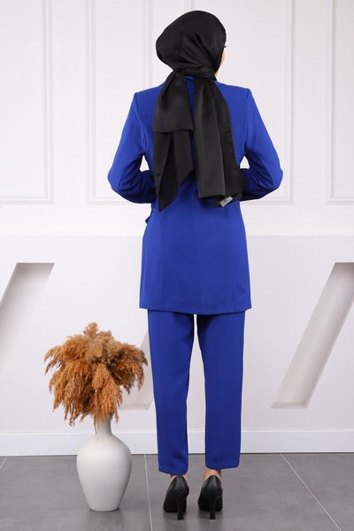 İmajButik Сакс Синій Костюм з Креповим Жакет і Штанами