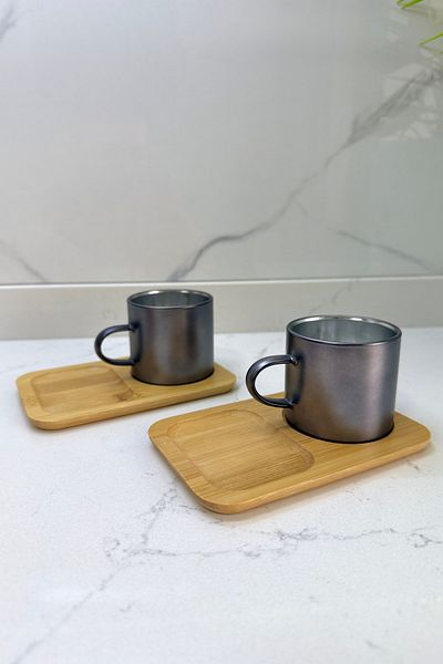 Albergio Set of 2 Colorful Borosilicate Glass Turkish Coffee Cups and Bamboo Presentation Coasters
