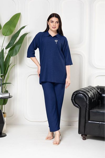 şuranur Navy Blue Brooch Placket Shirt and Stylish Trousers Set