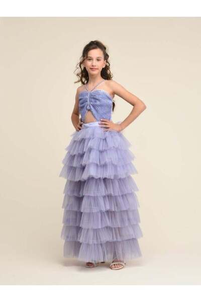 Zekids Kız Çocuk Pullu Üst Ve Kat Kat Tüllü Önü Kısa Arkası Uzun Abiye Elbise