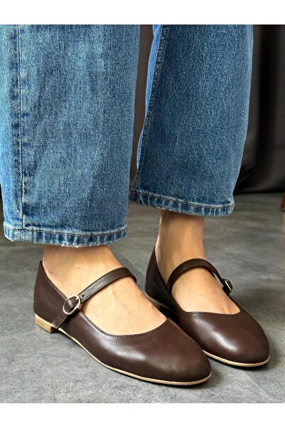 Zuum Γυναικείες μπαλαρίνες μπαλαρίνες Mary Jane από 100% γνήσιο δέρμα και σουέτ - Καφέ δέρμα