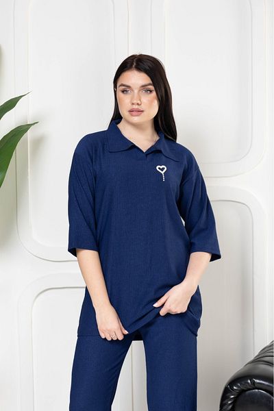 şuranur Navy Blue Brooch Placket Shirt and Stylish Trousers Set