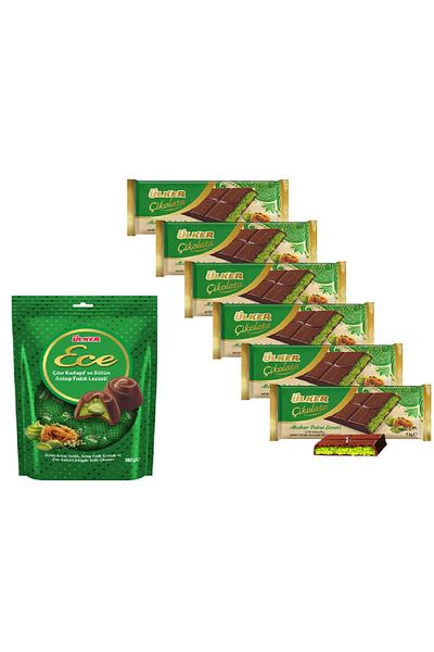 Ülker Dubai Chocolate 93 Gr X 6 Pieces and Ülker Ece Dubai Chocolate with Whole Pistachios 300 Gr
