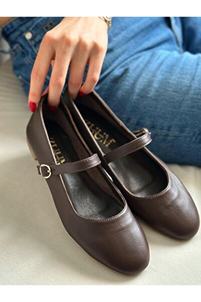 Zuum Γυναικείες μπαλαρίνες μπαλαρίνες Mary Jane από 100% γνήσιο δέρμα και σουέτ - Καφέ δέρμα