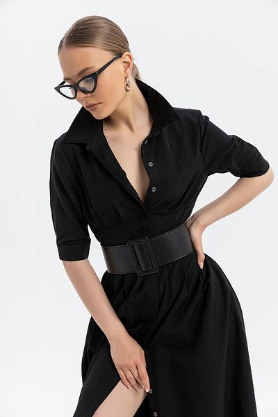 SOFT Faux Leather Belt Shirt Collar Hidden Button Above Knee Midi Length A-Line Dress