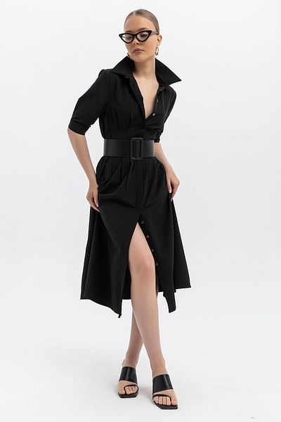 SOFT Faux Leather Belt Shirt Collar Hidden Button Above Knee Midi Length A-Line Dress