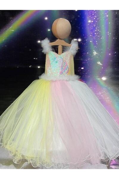 Okay Kız Çocuk Unicorn Etekleri Gökkuşağı Tarlantanlı Abiye Elbise