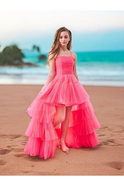 Zekids Kız Çocuk Tüllü Önü Kısa Arkası Uzun Kuyruklu Abiye Elbise