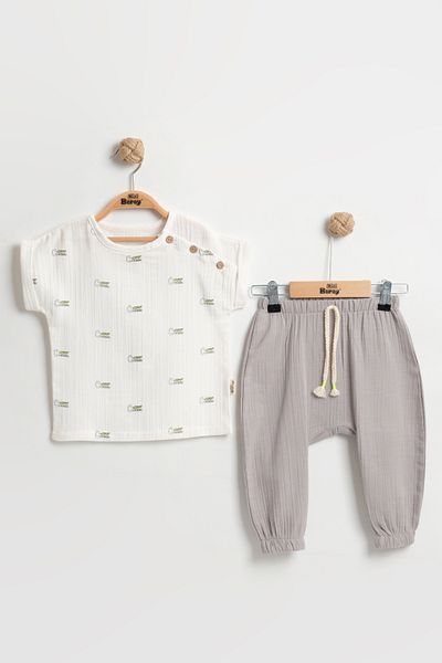 Mini Baray Crocodile Patterned Baby Boy Body+Shorts Set 9-12-18 Months - 100% Cotton Muslin Summer Set