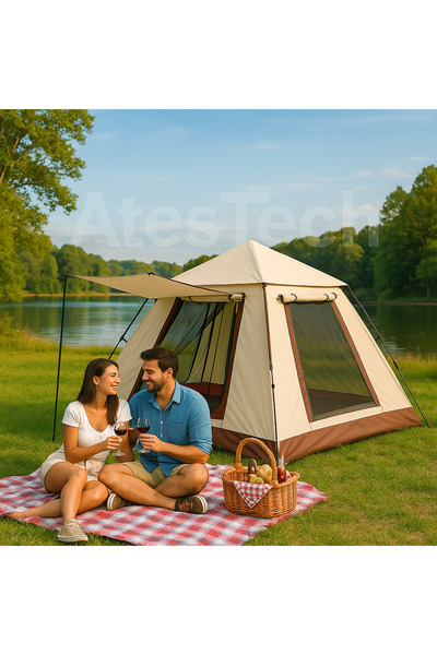 AteşTech 6 Kişilik Tam Otomatik tenteli Çift Kapılı Kare Kamp Çadırı 240*240*160