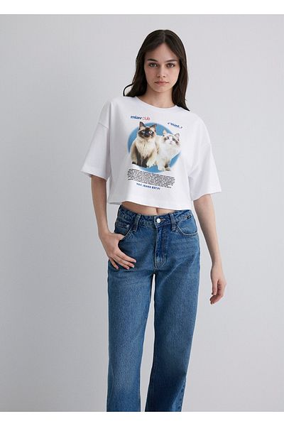 Mavi tricou crop pentru femei cu imprimeu pisica