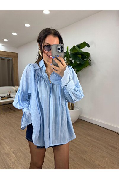 2she Kol Detaylı Lastikli Salaş Gömlek - Mavi