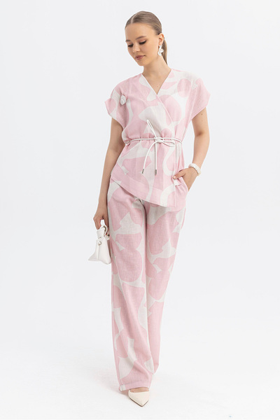 SOFT 100% Viscose, Linen Look Pink Patterned Belted Wrap Collar Vest-Pants Set
