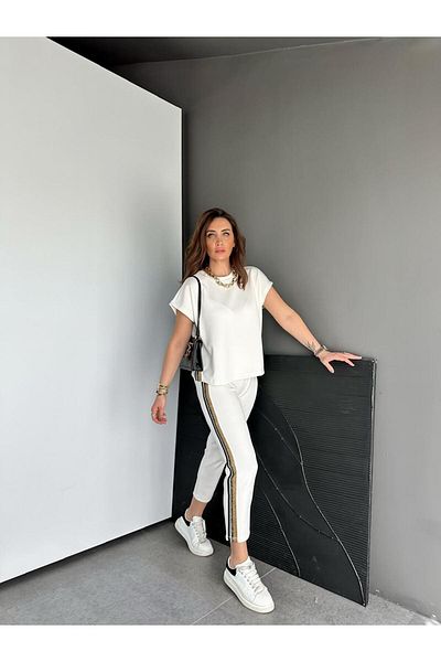 Zerrincan Giyim Ecru Gold Striped Premium Modal Set