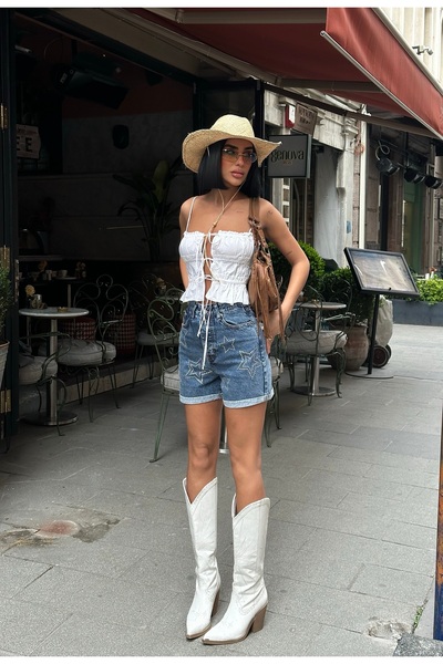 Diviny Kadın Mavi Yıldız Taşlı Yüksek Bel Mini Şort