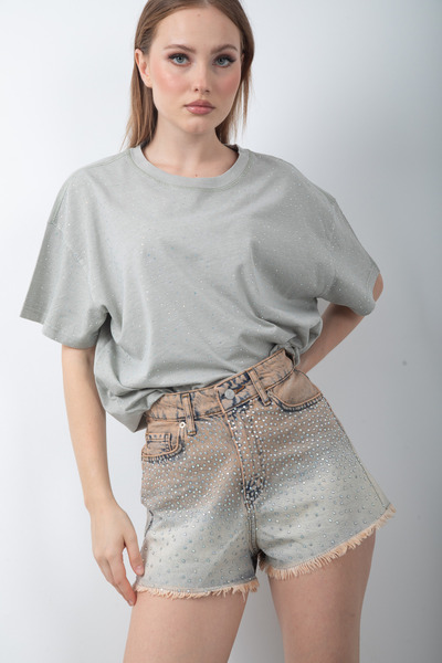 Batik Haki Kadın Yıkamalı Mini Kot Şort