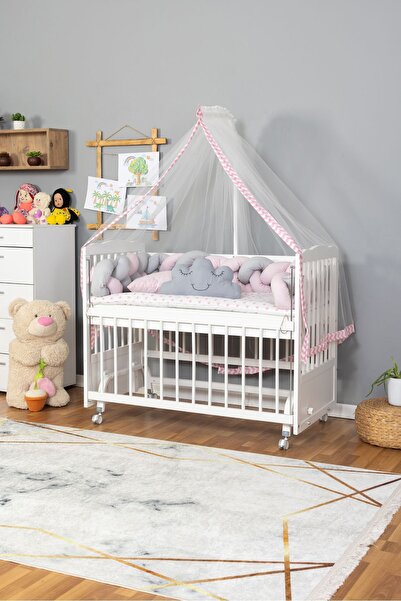Bamgidoo Ahşap Beşik Anne Yanı Beşik Beyaz 60x120 - Pembe Gri Örgü Uyku Seti Seti + Yatak + Tekerlekli