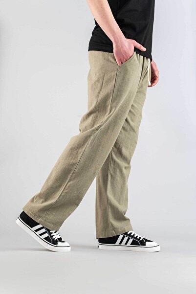 bombe Men's Linen Trousers Elastic Waist Cotton Casual Pants Khaki