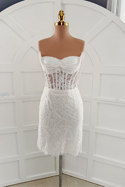 Lenta Moda Beyaz Dantelli ve İnci Detaylı Mini Abiye ve Nikah Elbisesi