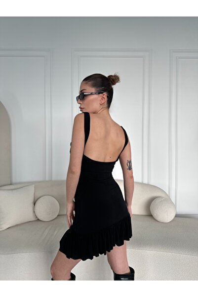 Moda Hour Kadın Sırt Dekolteli Mini Siyah Elbise Fırfır Detaylı