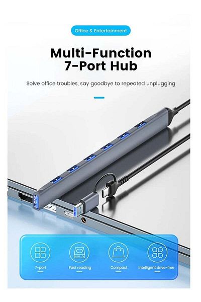 Digital USB C + USB Type A Hub 7 in1, USB C Adapter with Two USB-C Ports, USB 3.0