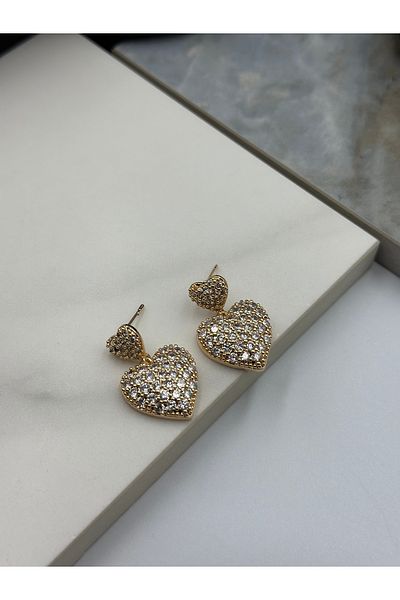 Lumiera Gold Detailed Dangle Heart Zircon Stone Design Steel Earrings