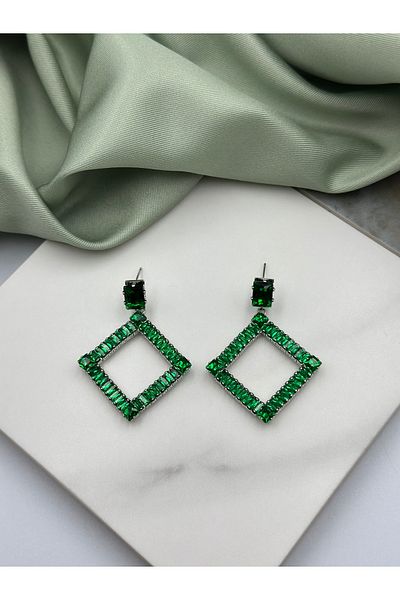 Lumiera Green Baguette Zircon Stone Square Design Dangle Steel Earrings