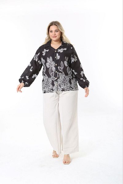 Butik Nilyam طقم قميص وبنطلون كتان بأكمام بالونية مقاس كبير للسيدات 24748