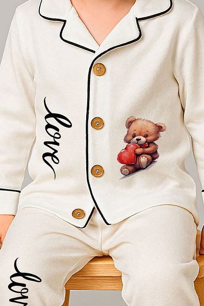 peki baby&kids Well Seasonal Girl's Soft Combed Cotton Love Teddy Bear Print Line Piping Pajama Set 18855