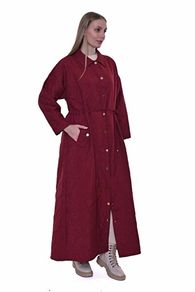 Invee Geniş Kalıp Belden Bağlamalı Kapitone Kap - Bordo