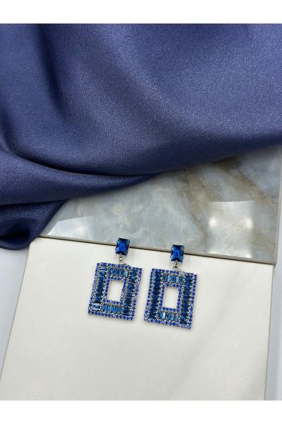 Lumiera Blue Baguette Zircon Stone Rectangular Design Dangle Steel Earrings