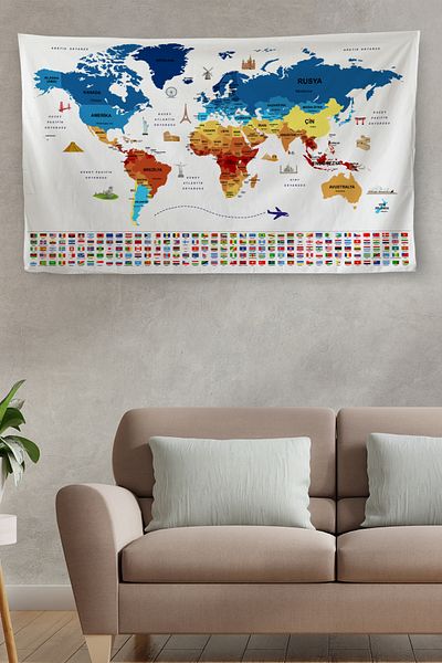 Lasirius Wall Cloth Flag Detailed Turkish Current World Map Canvas Wall Carpet