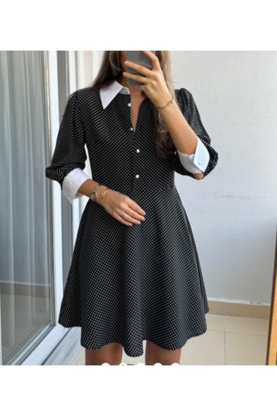 Marka Butikmayamoda Siyah Puantiyeli Gomlek Yakali Elbise