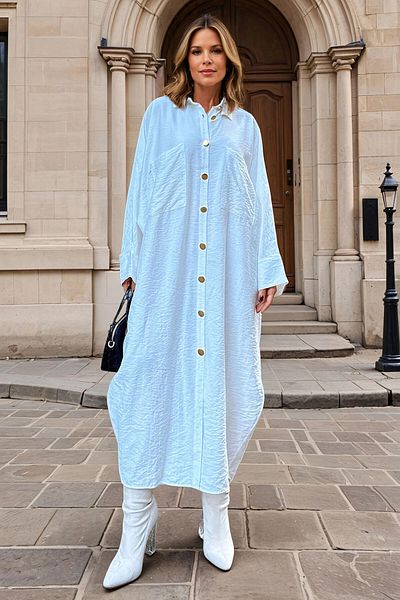 bacc Women's Ecru Linen Bat Sleeve Casual Pocket Shirt Dress Bcbsk-25700-3282