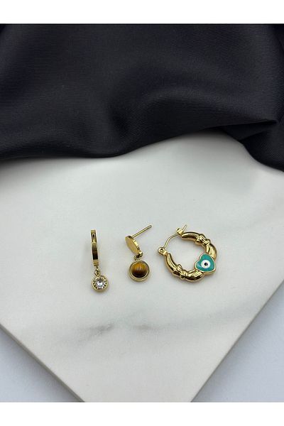 Lumiera 3-Piece Gold Color Evil Eye Bead Detailed Zircon Stone Design Hanging Steel Earrings