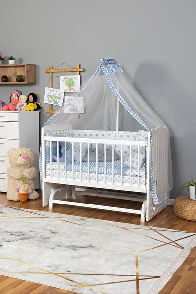 Bamgidoo Ahşap Beşik Anne Yanı Beşik Yeni Doğan Mavi Yıldız 3 Yastık Uyku Seti Yatak