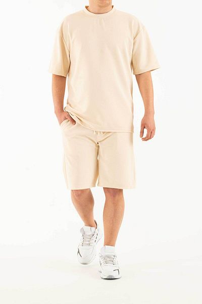 bombe Ανδρικό μπεζ σετ 2 τσέπης με στάμπα Oversize Comfort Loose Cut T-shirt Σετ σορτς