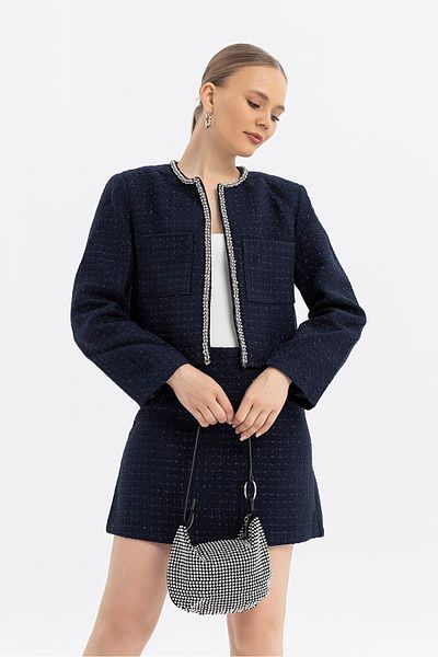 SOFT Tweed Jacket-Skirt Suit with Stone Stripe Detail Without Buttons